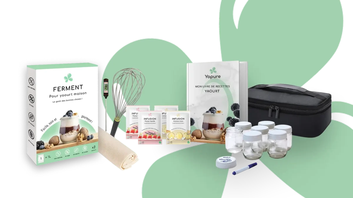 Kit complet Yopure pour faire son yaourt maison avec ferments, infusions, pots, fouet et livre de recettes. yaourt maison sans yaourtière.